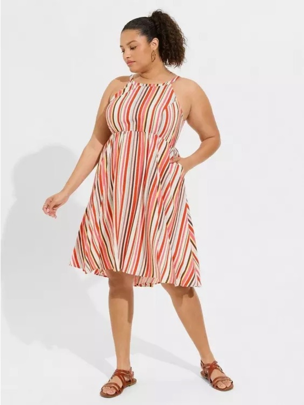 Torrid candy striped A-line halter dress, challis material, pockets, size 4